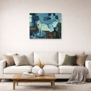 Unframed poster print of Pablo Picasso's 'The Blue Room' displayed on a wall in a living room