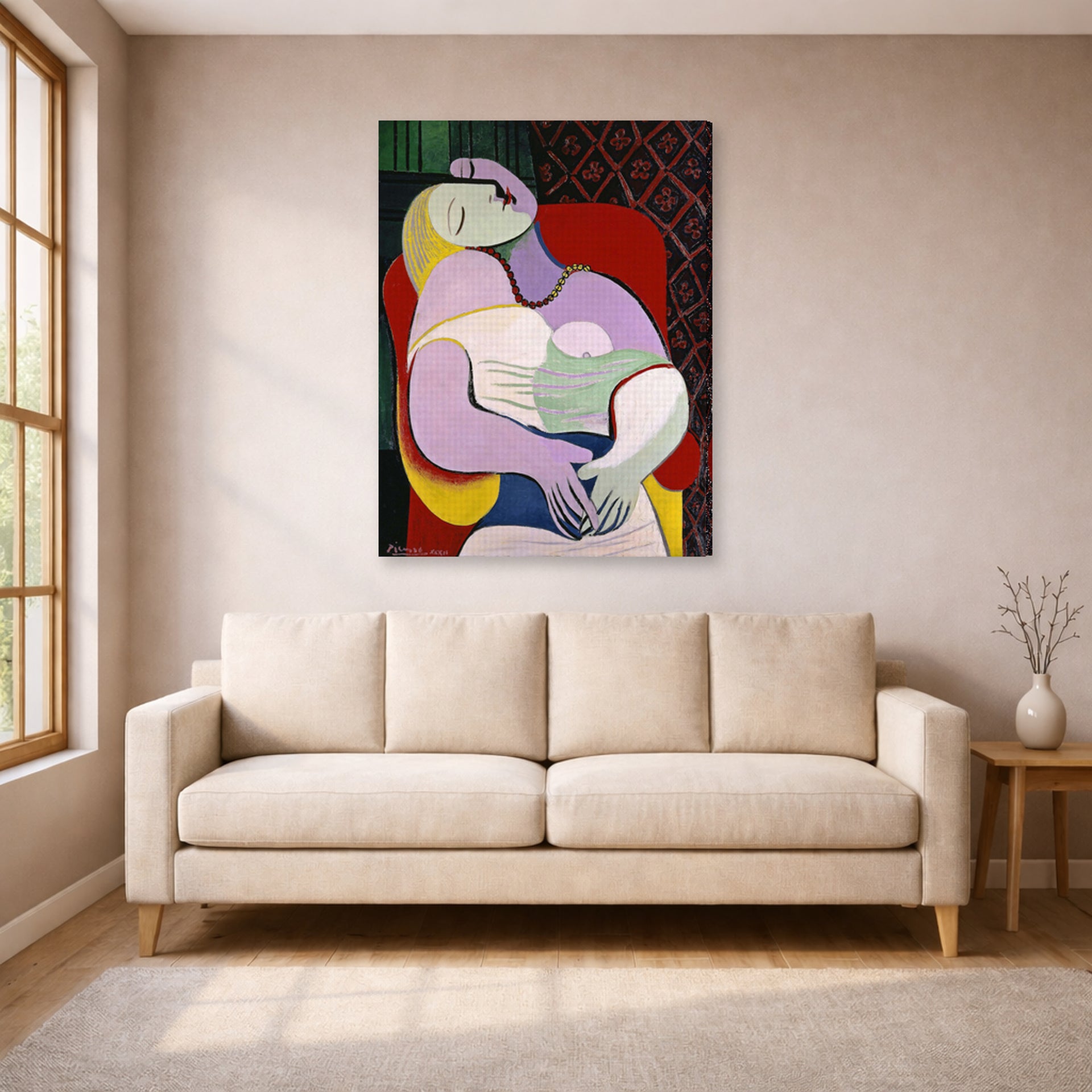 Gallery-wrapped canvas print of Pablo Picasso's 'The Dream' displayed on a wall in a living room