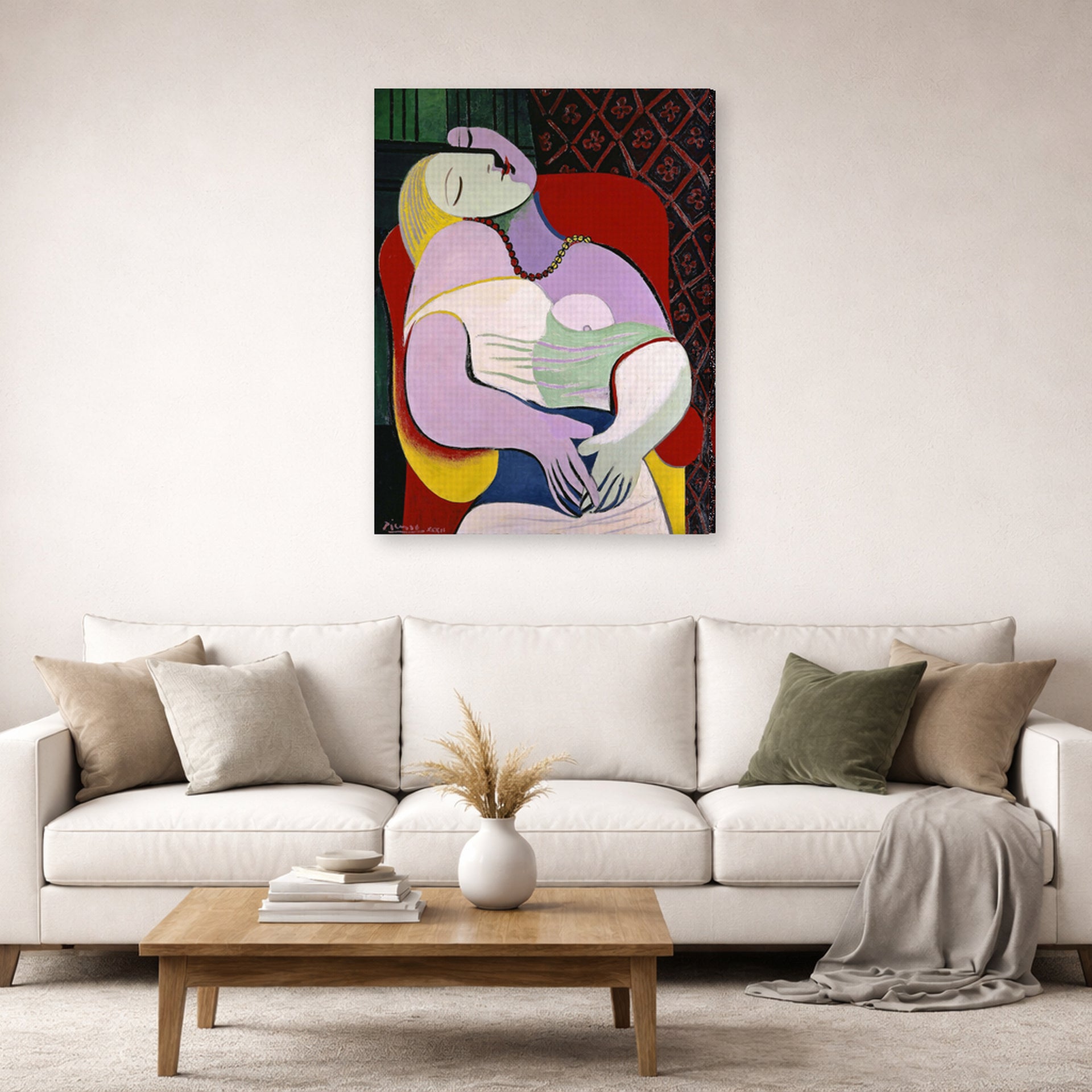 Gallery-wrapped canvas print of Pablo Picasso's 'The Dream' displayed on a wall in a living room