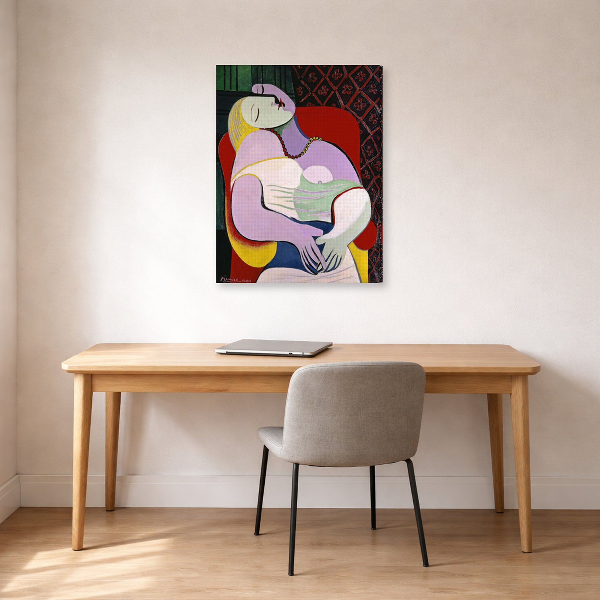 Gallery-wrapped canvas print of Pablo Picasso's 'The Dream' displayed on a wall in a home office