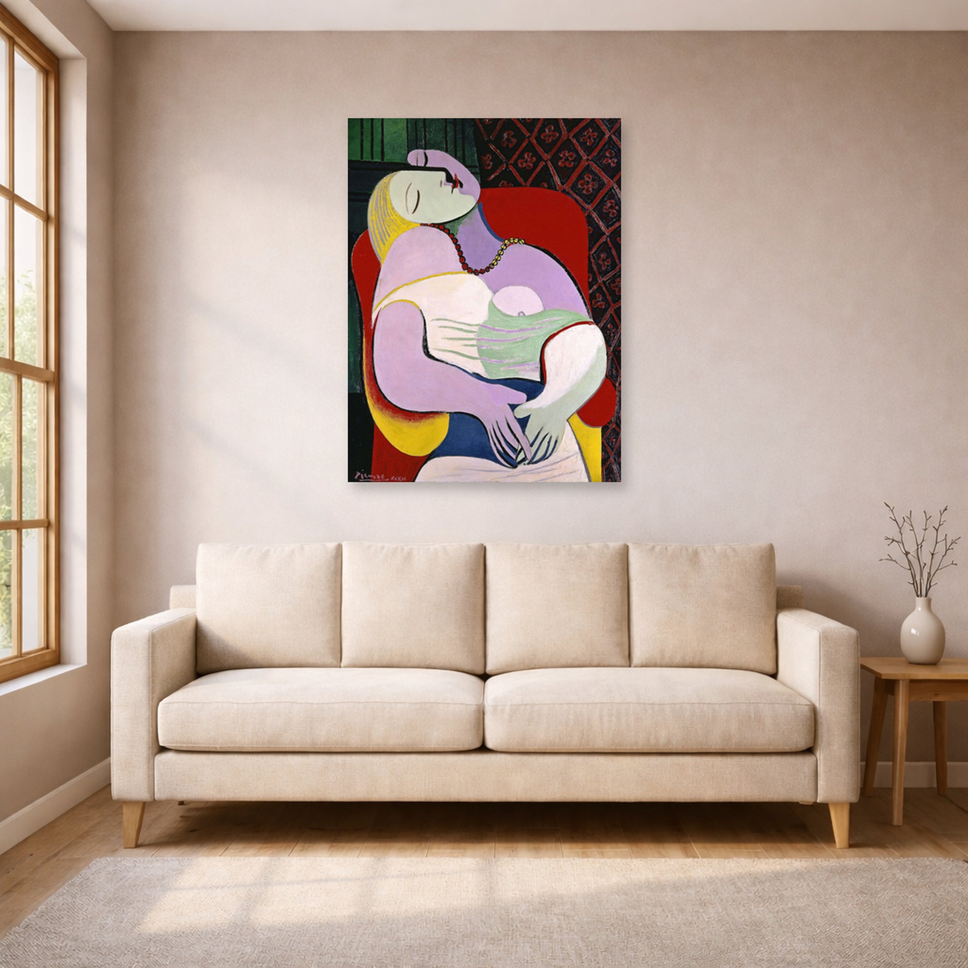 Unframed poster print of Pablo Picasso's 'The Dream' displayed on a wall in a living room