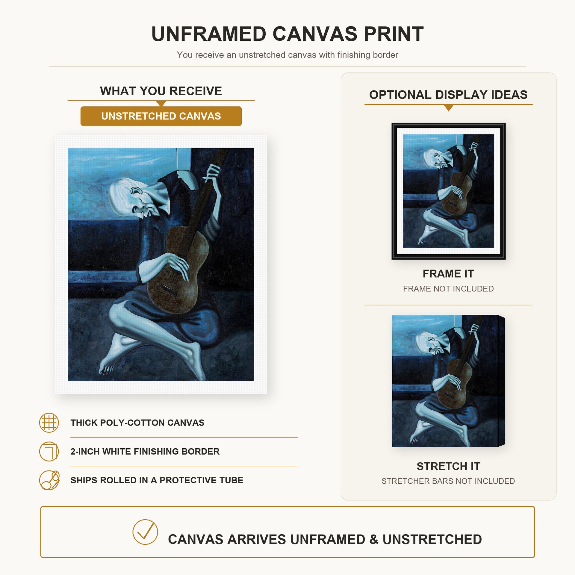 Pablo Picasso - The Old Guitarist canvas print size comparison and framing display infographic