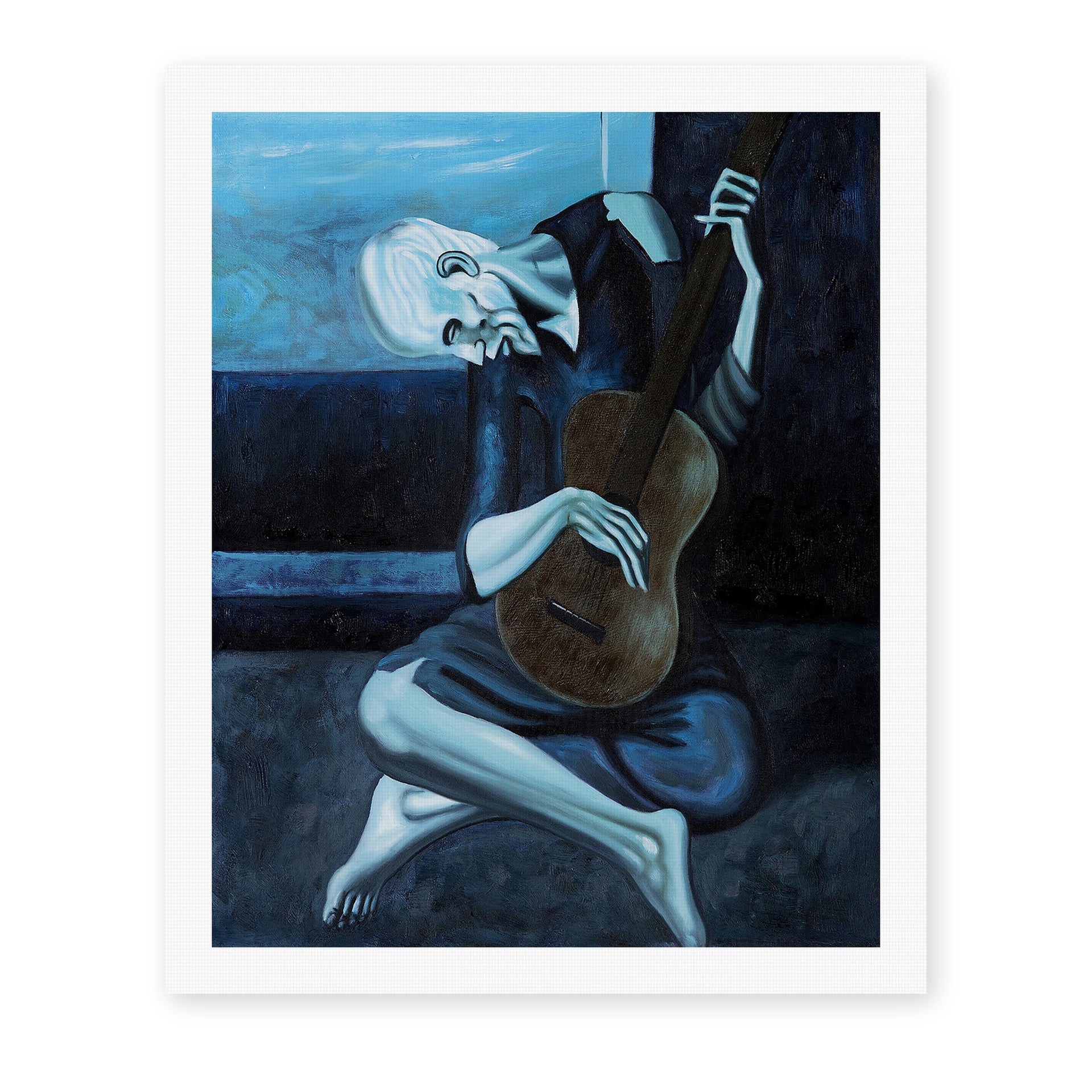 Pablo Picasso's 'The Old Guitarist' painting reproduced as a rolled canvas print