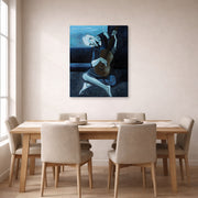 Gallery-wrapped canvas print of Pablo Picasso's 'The Old Guitarist' displayed on a wall in a dining room