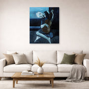 Gallery-wrapped canvas print of Pablo Picasso's 'The Old Guitarist' displayed on a wall in a living room