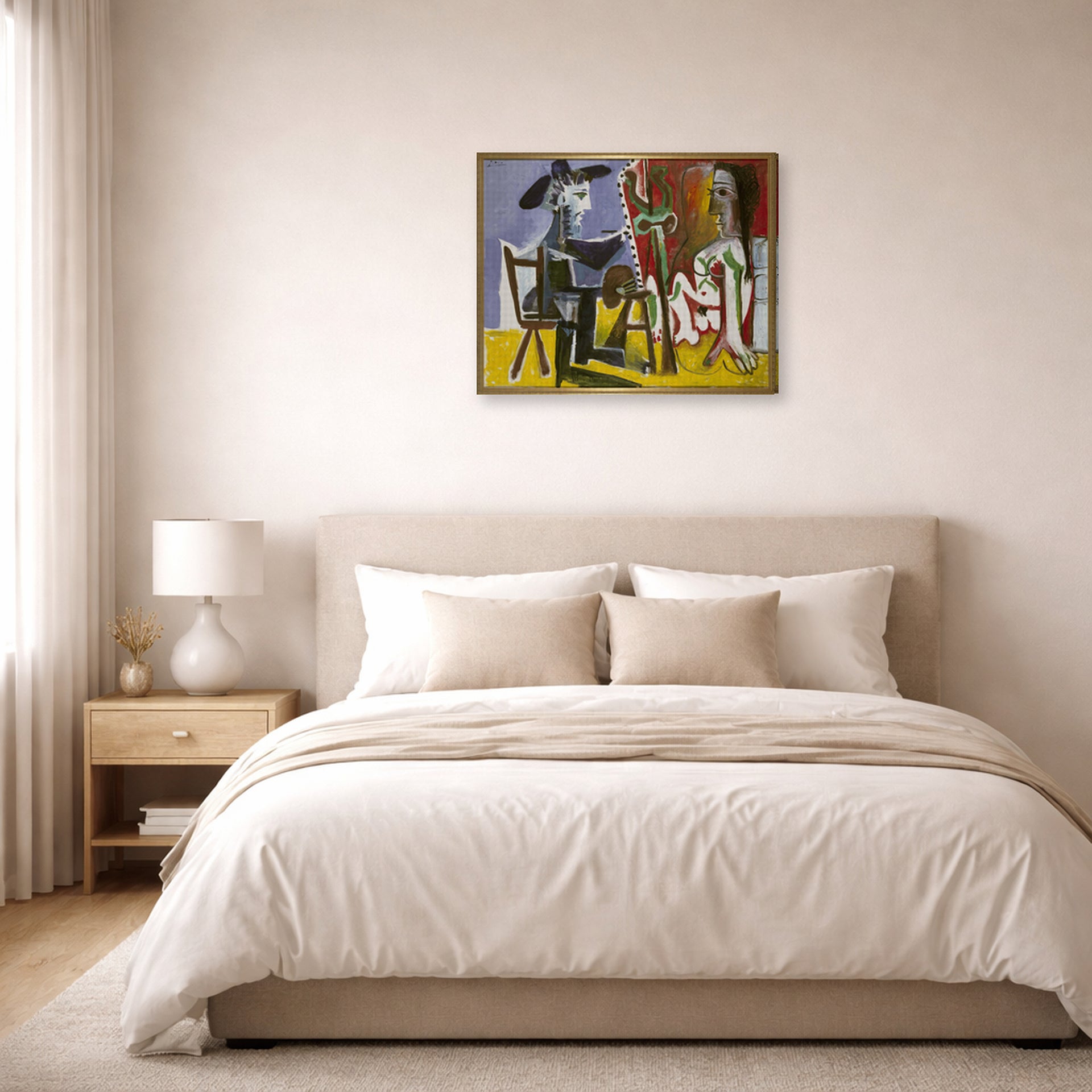 Gallery-wrapped canvas print of Pablo Picasso's 'The Painter and The Model' displayed on a wall in a bedroom