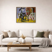 Gallery-wrapped canvas print of Pablo Picasso's 'The Painter and The Model' displayed on a wall in a living room