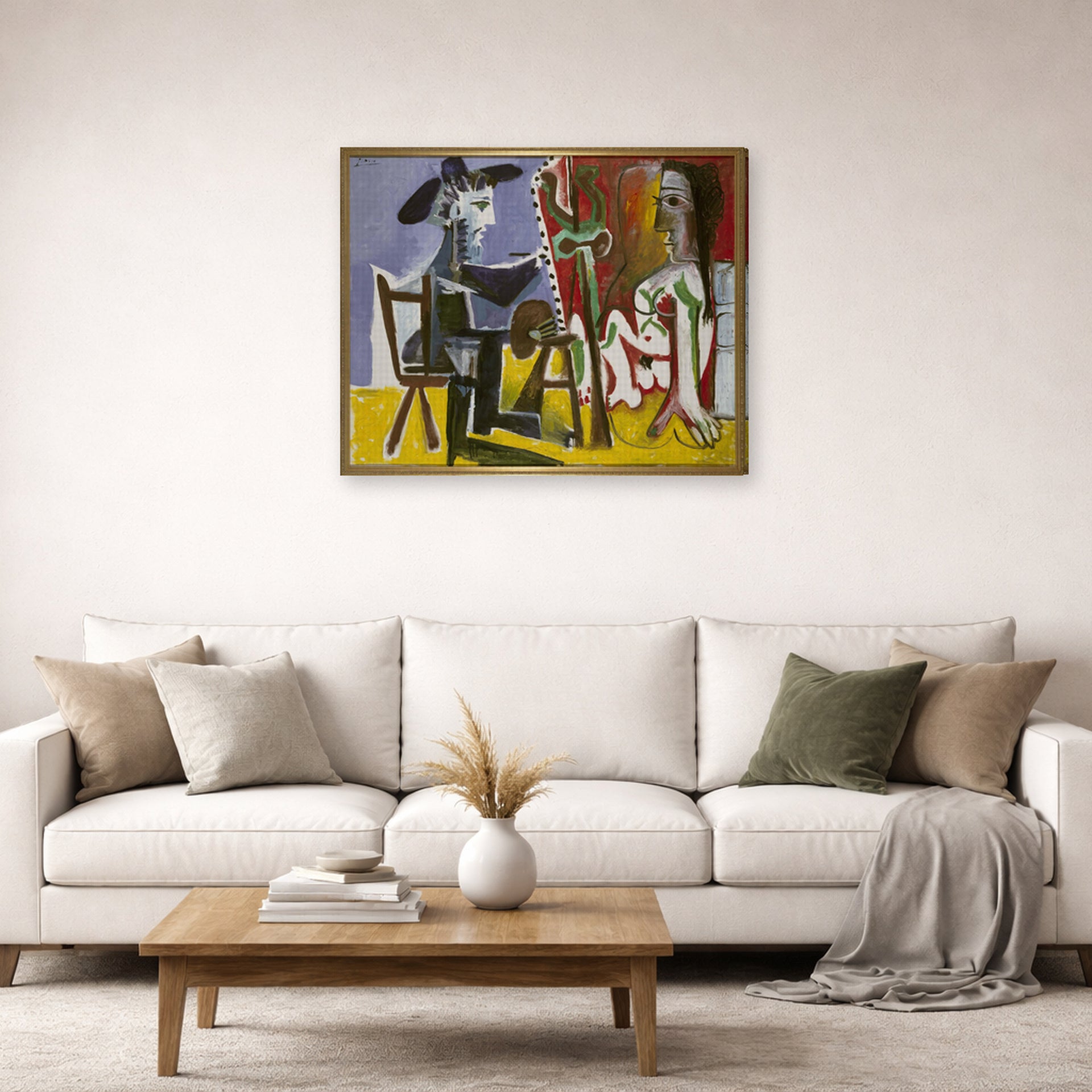 Gallery-wrapped canvas print of Pablo Picasso's 'The Painter and The Model' displayed on a wall in a living room