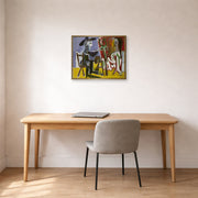 Gallery-wrapped canvas print of Pablo Picasso's 'The Painter and The Model' displayed on a wall in a home office