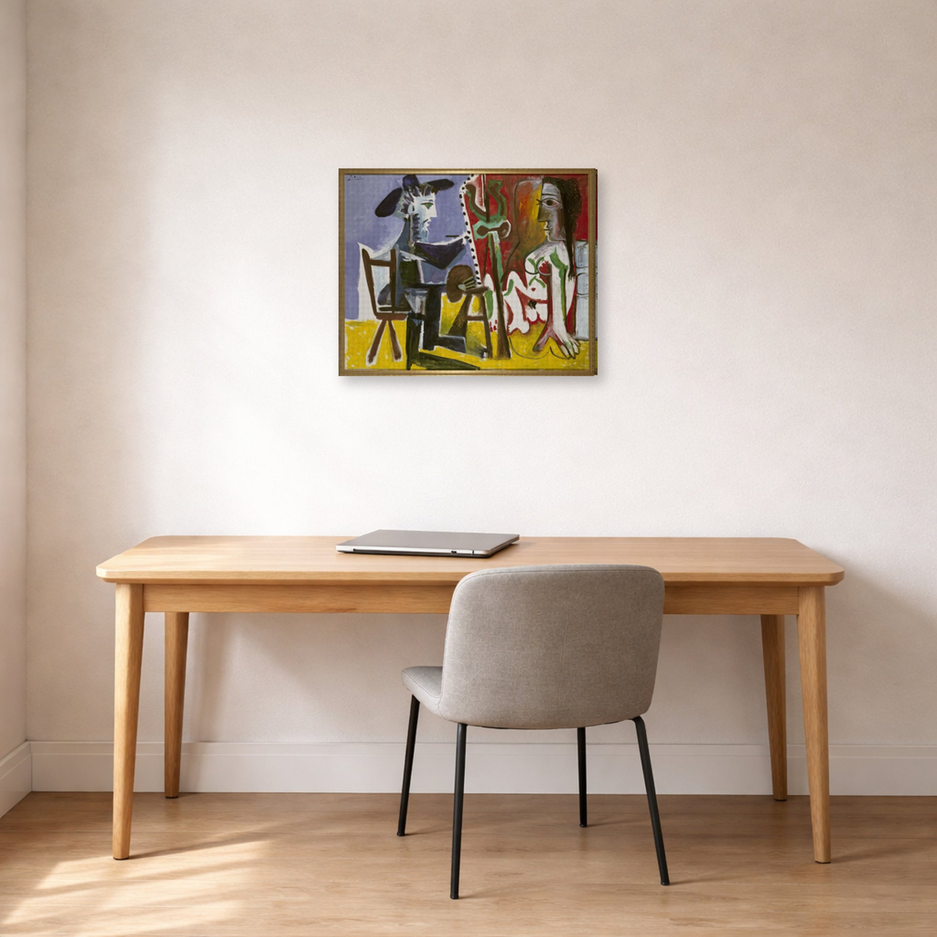 Gallery-wrapped canvas print of Pablo Picasso's 'The Painter and The Model' displayed on a wall in a home office