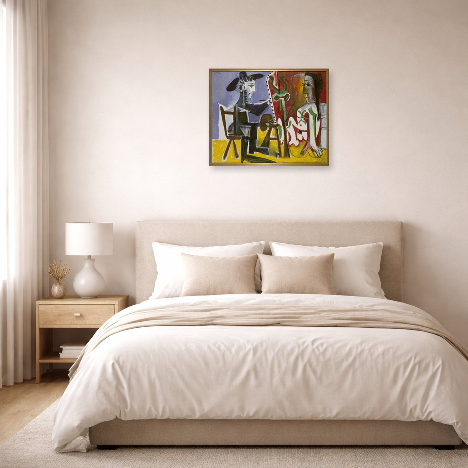 Unframed poster print of Pablo Picasso's 'The Painter and The Model' displayed on a wall in a bedroom