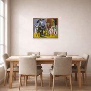 Unframed poster print of Pablo Picasso's 'The Painter and The Model' displayed on a wall in a dining room