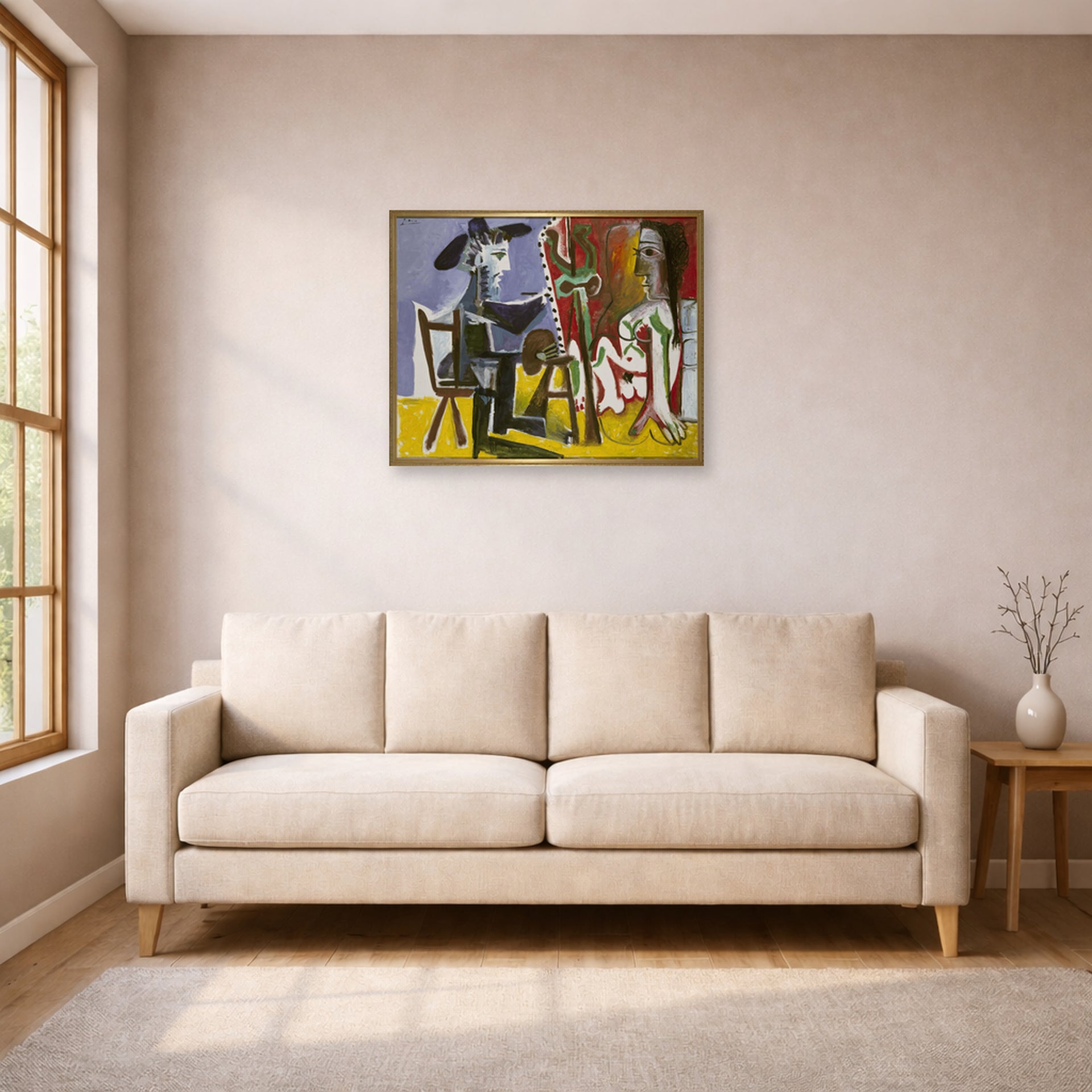 Unframed poster print of Pablo Picasso's 'The Painter and The Model' displayed on a wall in a living room