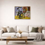 Unframed poster print of Pablo Picasso's 'The Painter and The Model' displayed on a wall in a living room