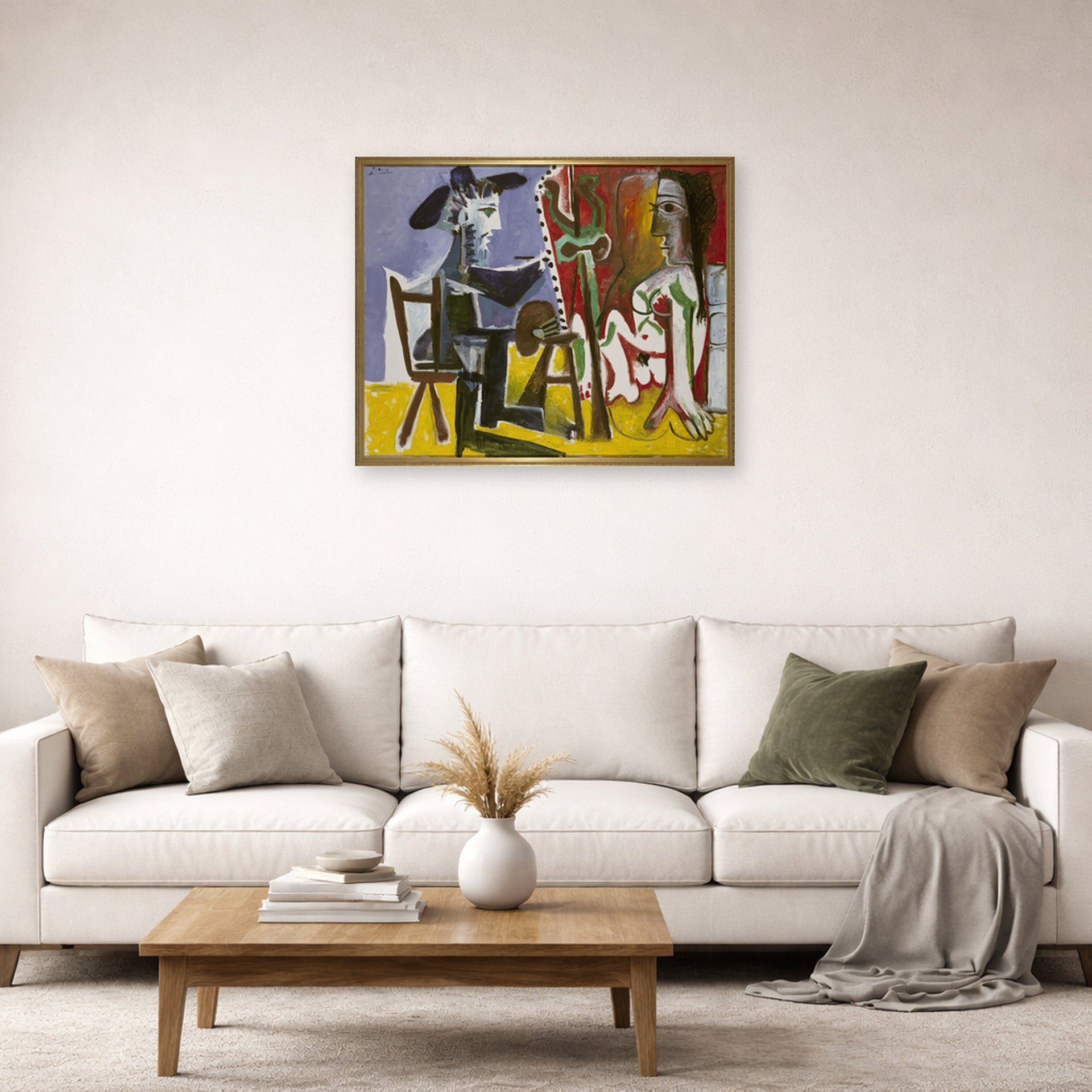 Unframed poster print of Pablo Picasso's 'The Painter and The Model' displayed on a wall in a living room