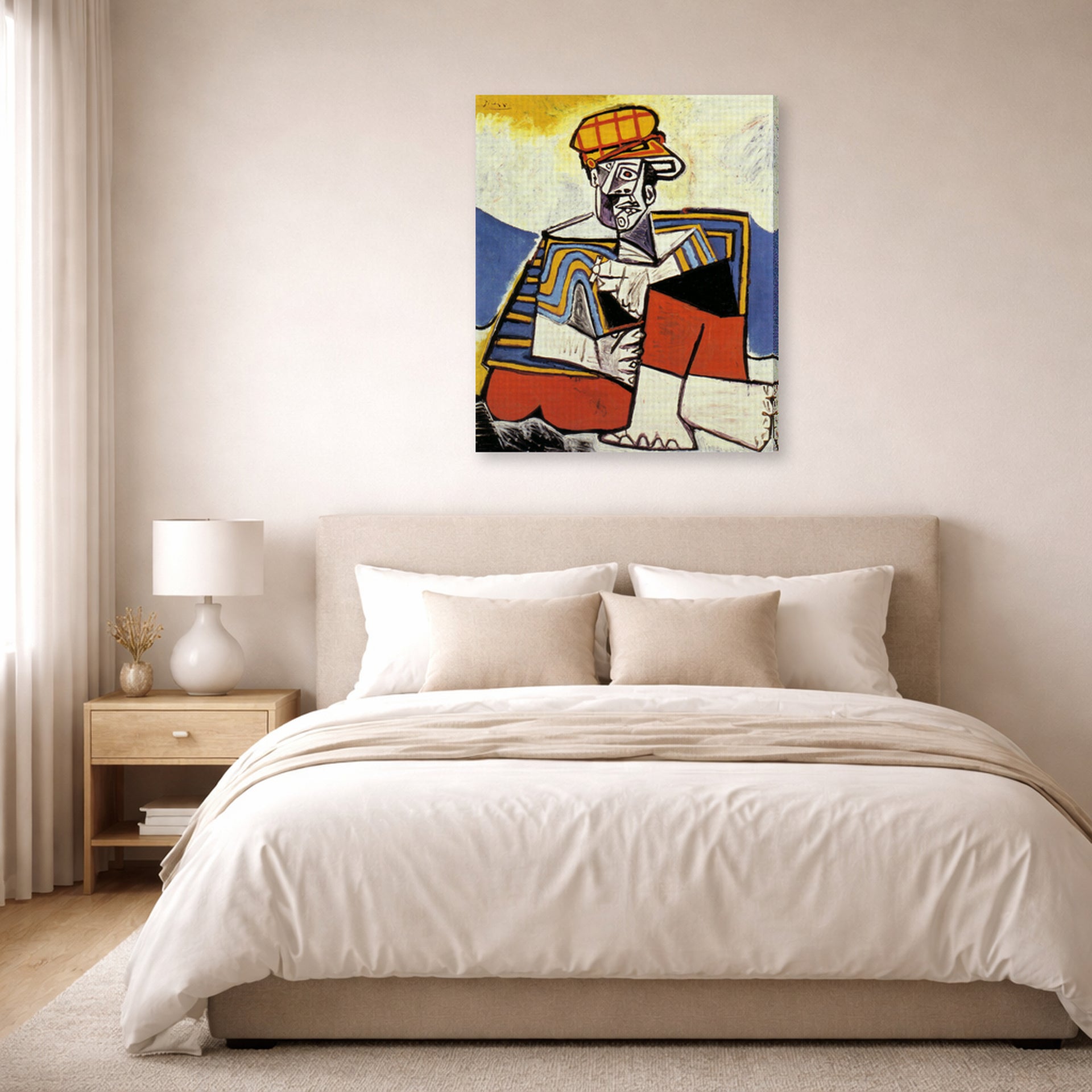 Gallery-wrapped canvas print of Pablo Picasso's 'The Smoker' displayed on a wall in a bedroom