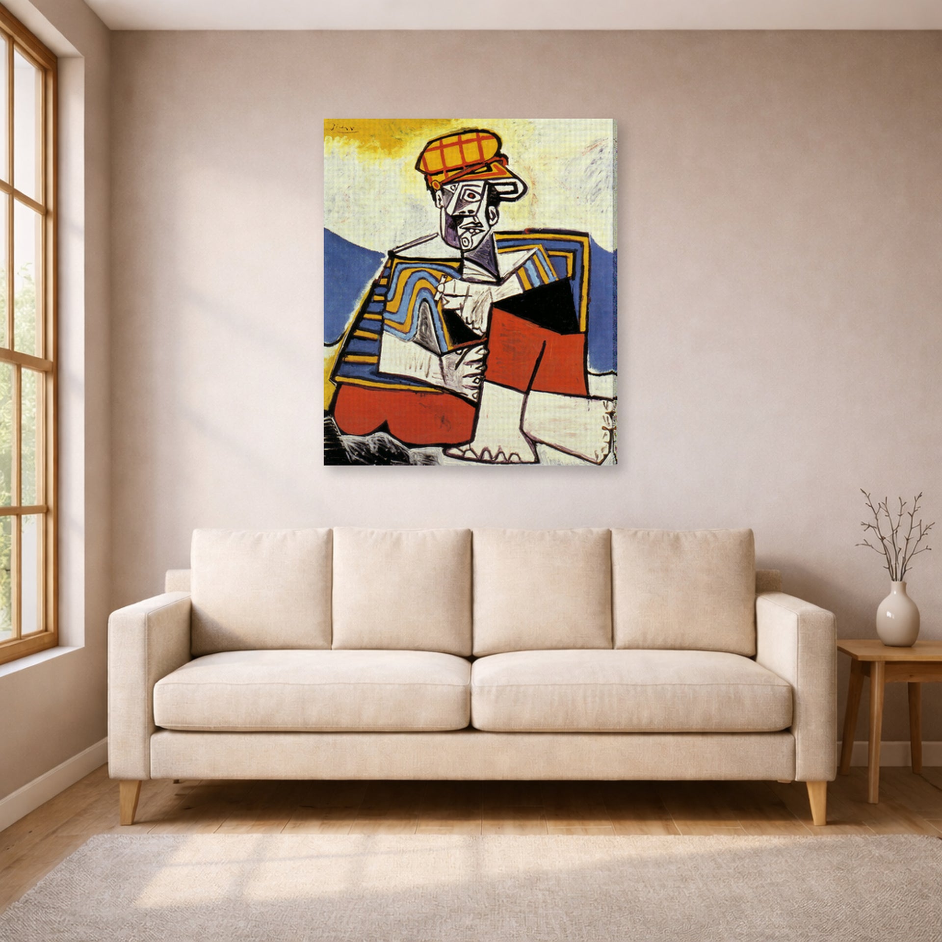 Gallery-wrapped canvas print of Pablo Picasso's 'The Smoker' displayed on a wall in a living room