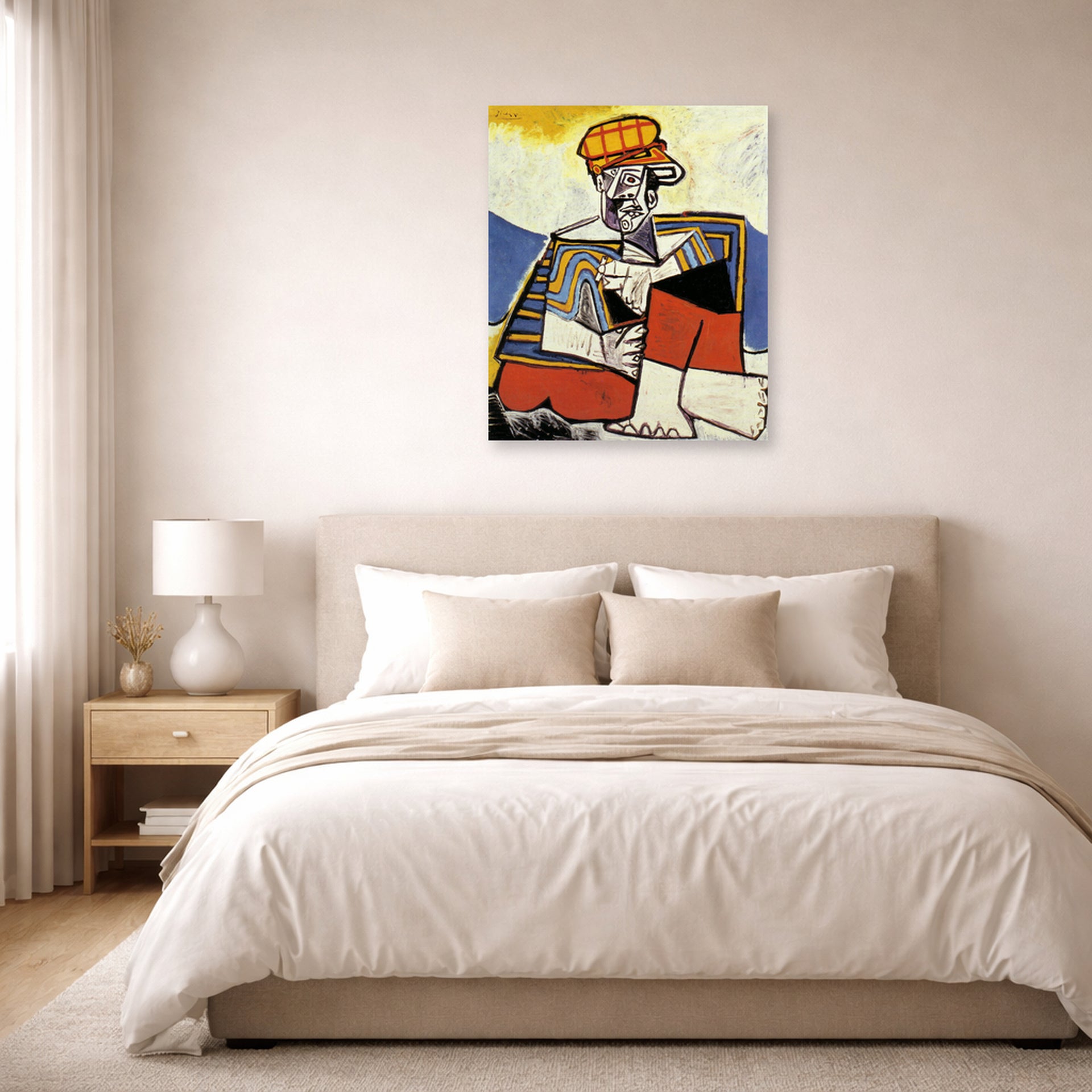 Unframed poster print of Pablo Picasso's 'The Smoker' displayed on a wall in a bedroom