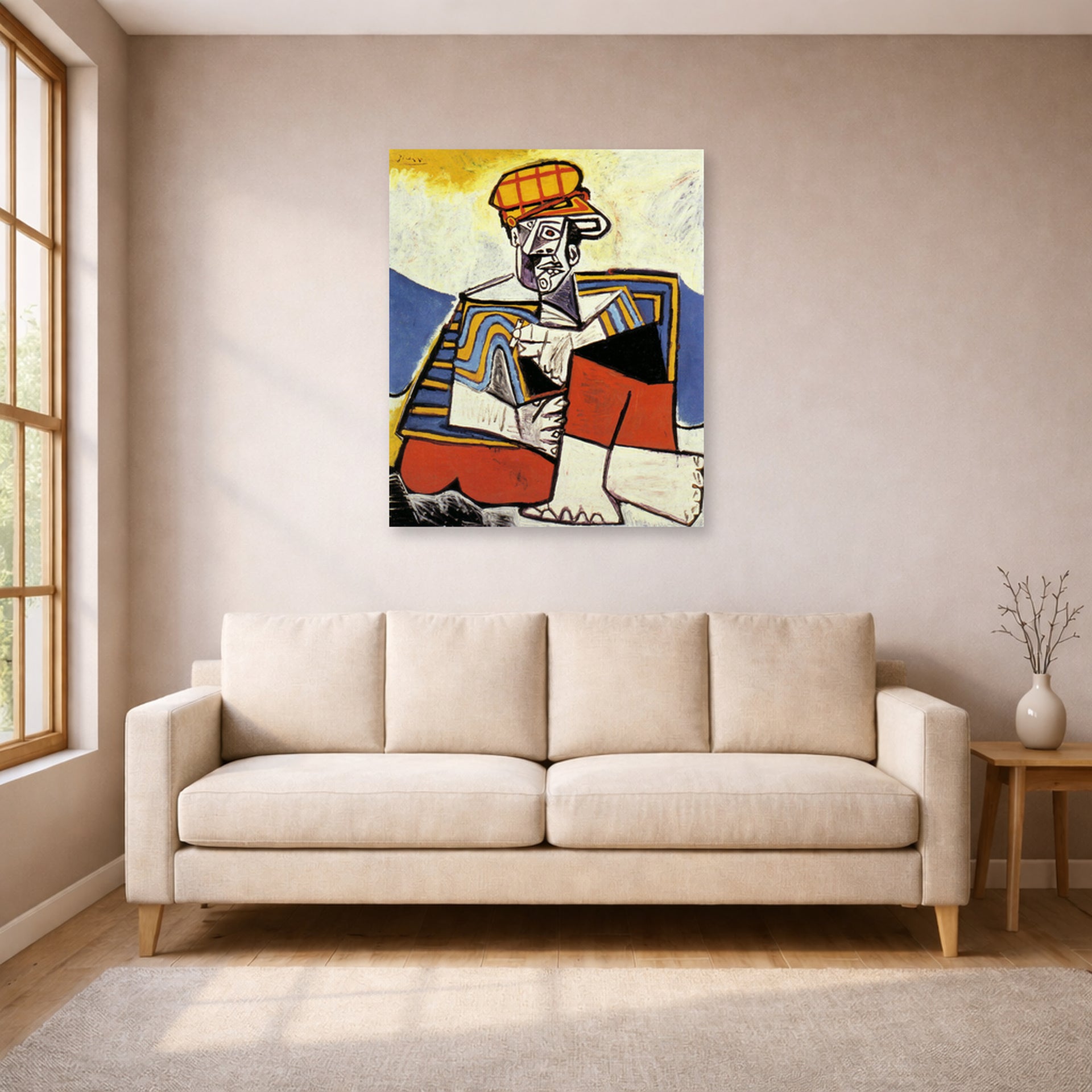 Unframed poster print of Pablo Picasso's 'The Smoker' displayed on a wall in a living room