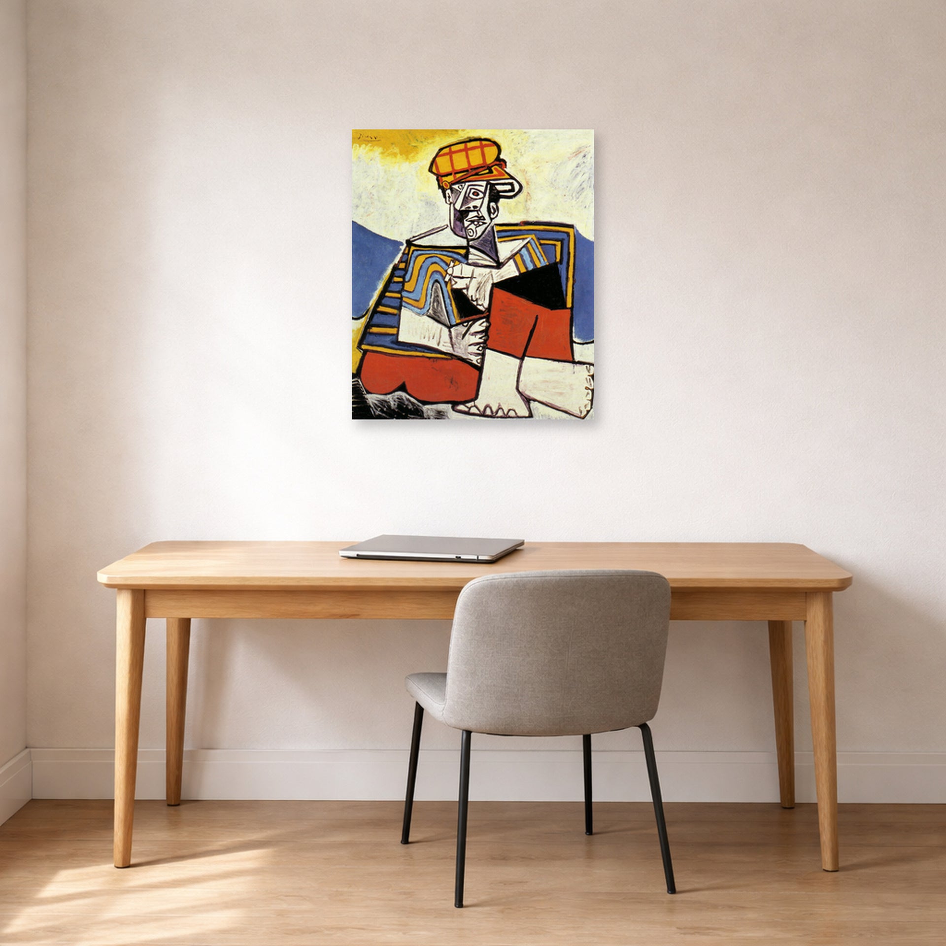 Unframed poster print of Pablo Picasso's 'The Smoker' displayed on a wall in a home office
