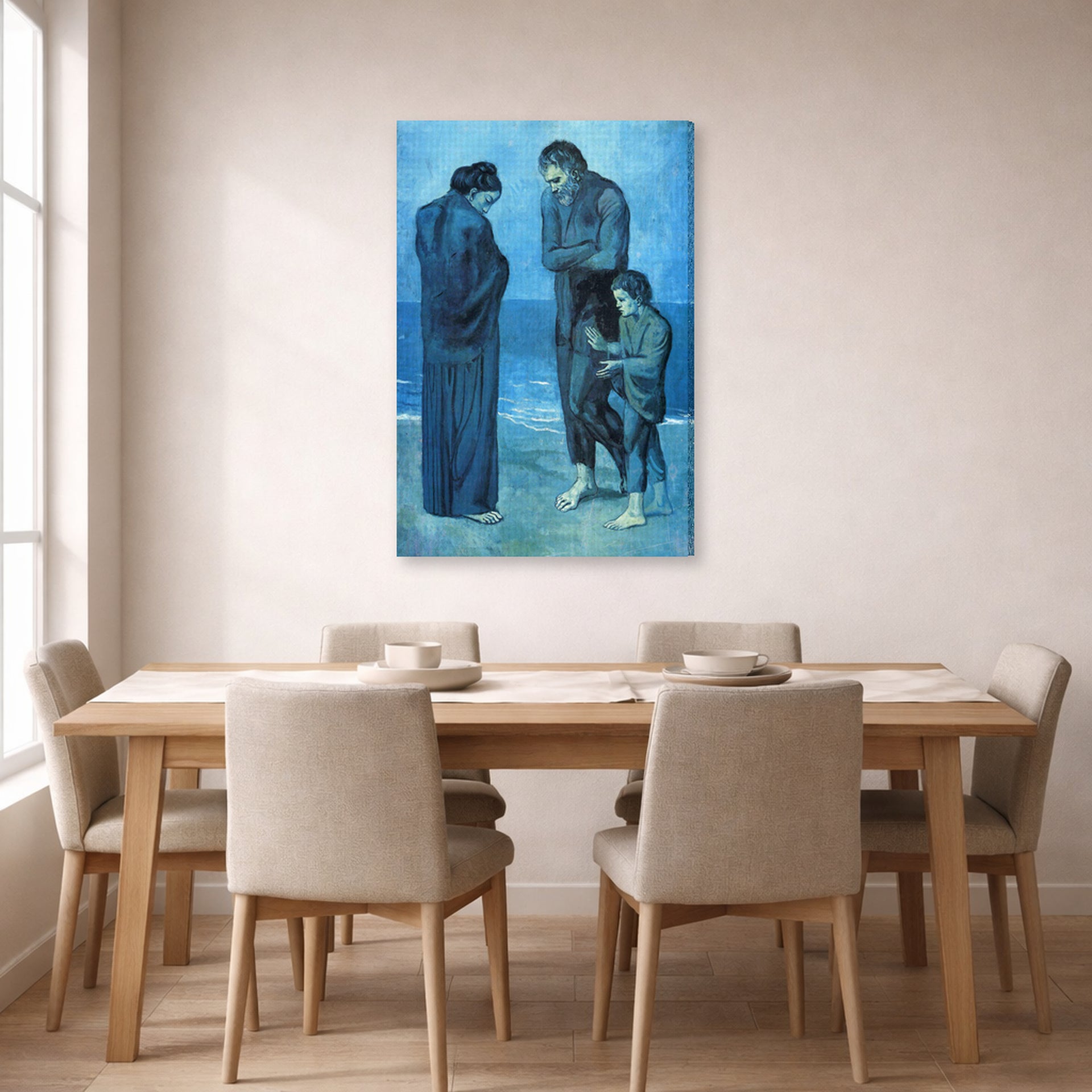 Gallery-wrapped canvas print of Pablo Picasso's 'The Tragedy 1903' displayed on a wall in a dining room