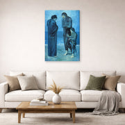 Gallery-wrapped canvas print of Pablo Picasso's 'The Tragedy 1903' displayed on a wall in a living room