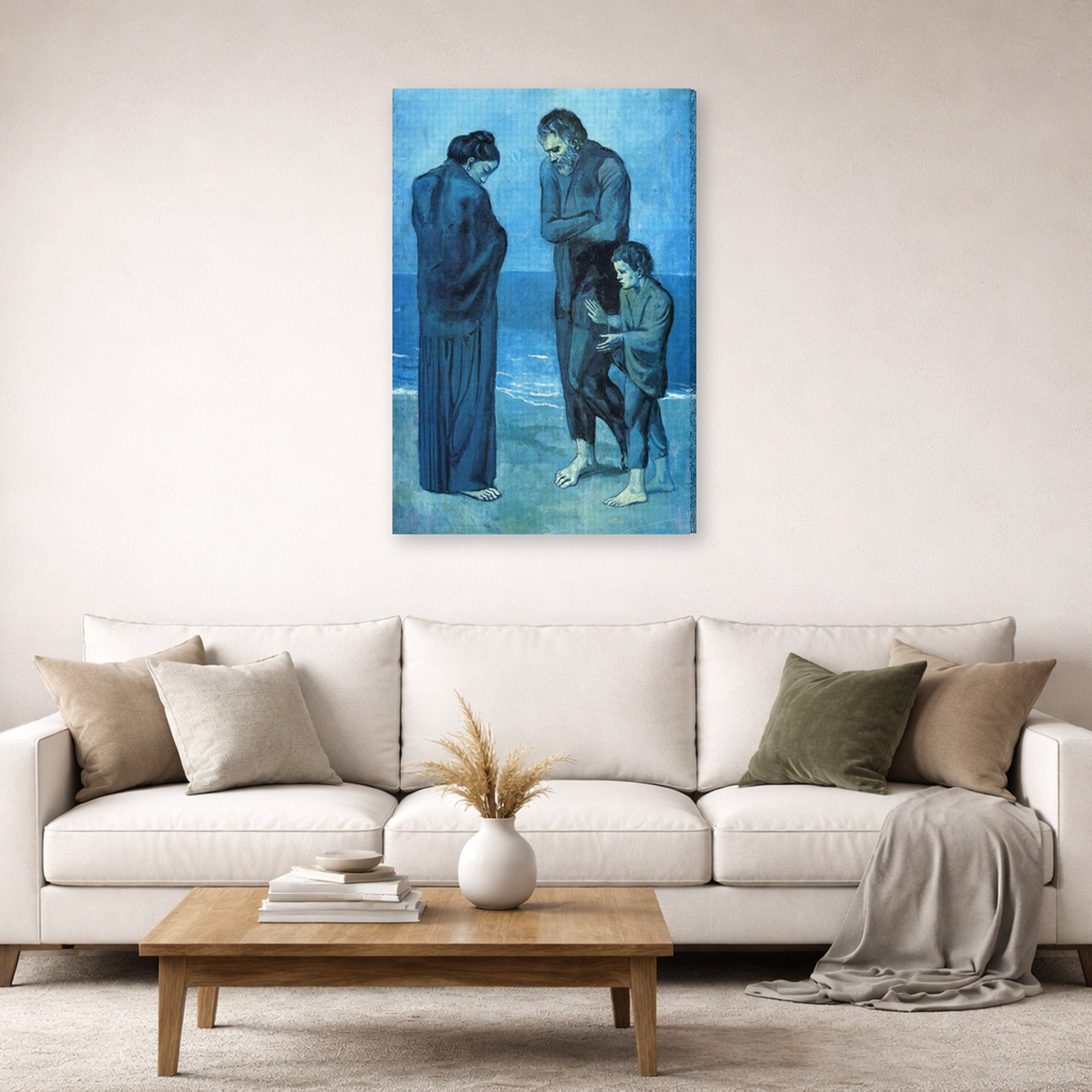 Gallery-wrapped canvas print of Pablo Picasso's 'The Tragedy 1903' displayed on a wall in a living room