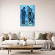 Unframed poster print of Pablo Picasso's 'The Tragedy 1903' displayed on a wall in a living room