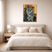 Gallery-wrapped canvas print of Pablo Picasso's 'Weeping Woman' displayed on a wall in a bedroom
