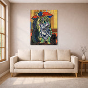Gallery-wrapped canvas print of Pablo Picasso's 'Weeping Woman' displayed on a wall in a living room