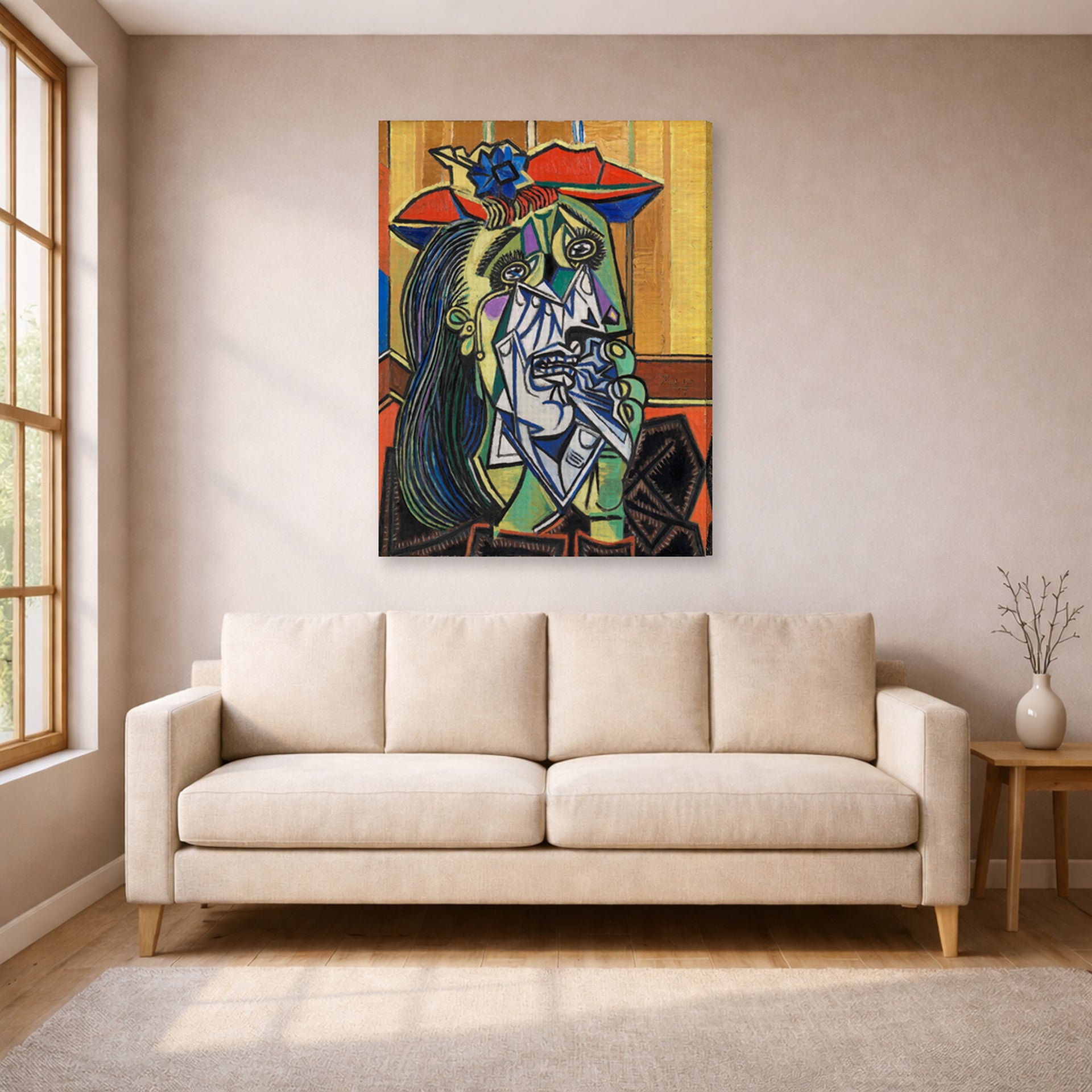 Gallery-wrapped canvas print of Pablo Picasso's 'Weeping Woman' displayed on a wall in a living room