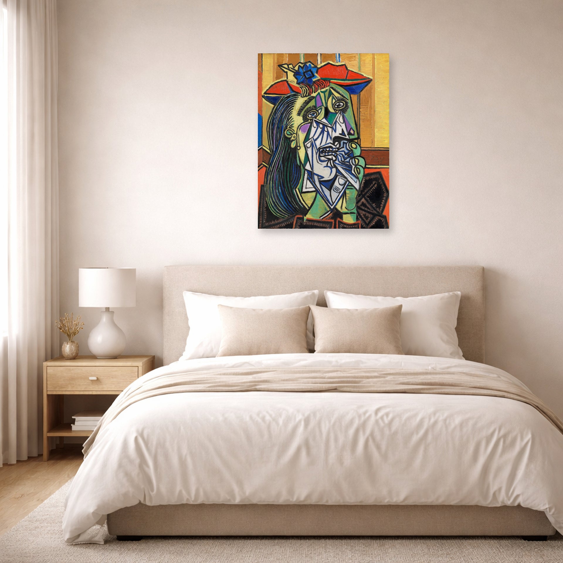 Unframed poster print of Pablo Picasso's 'Weeping Woman' displayed on a wall in a bedroom