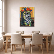 Unframed poster print of Pablo Picasso's 'Weeping Woman' displayed on a wall in a dining room