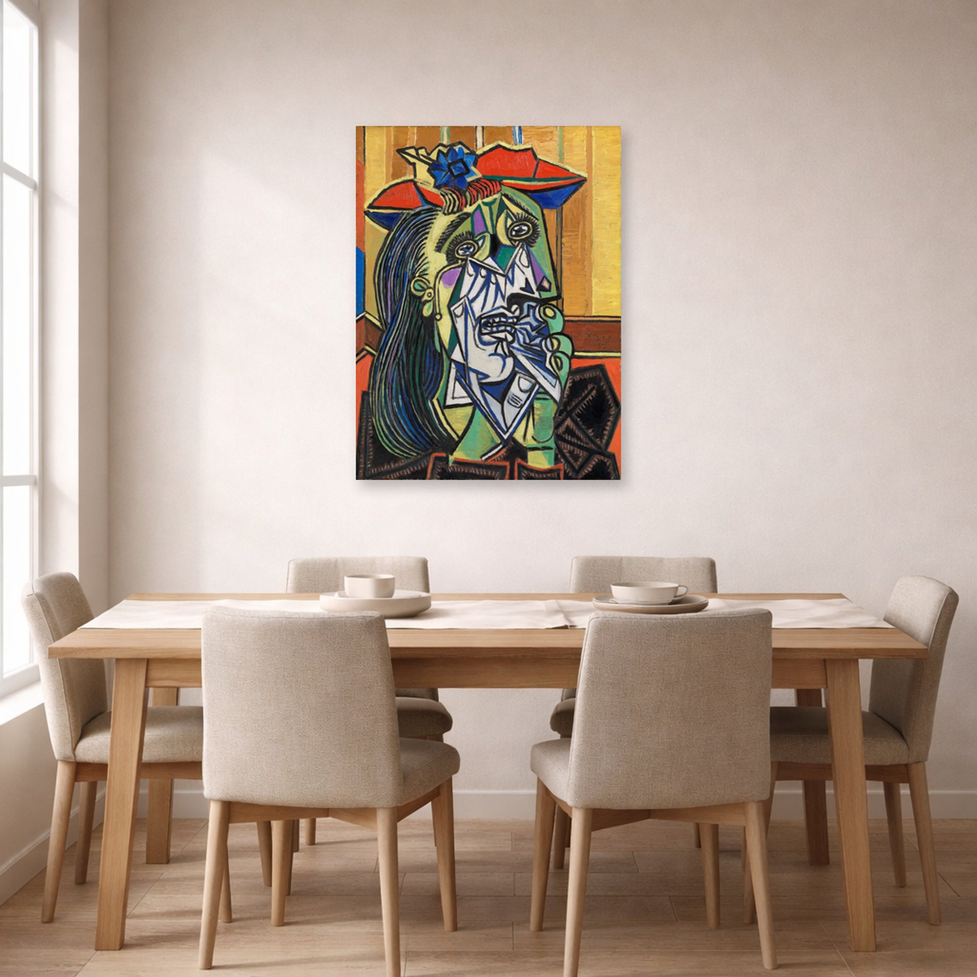Unframed poster print of Pablo Picasso's 'Weeping Woman' displayed on a wall in a dining room