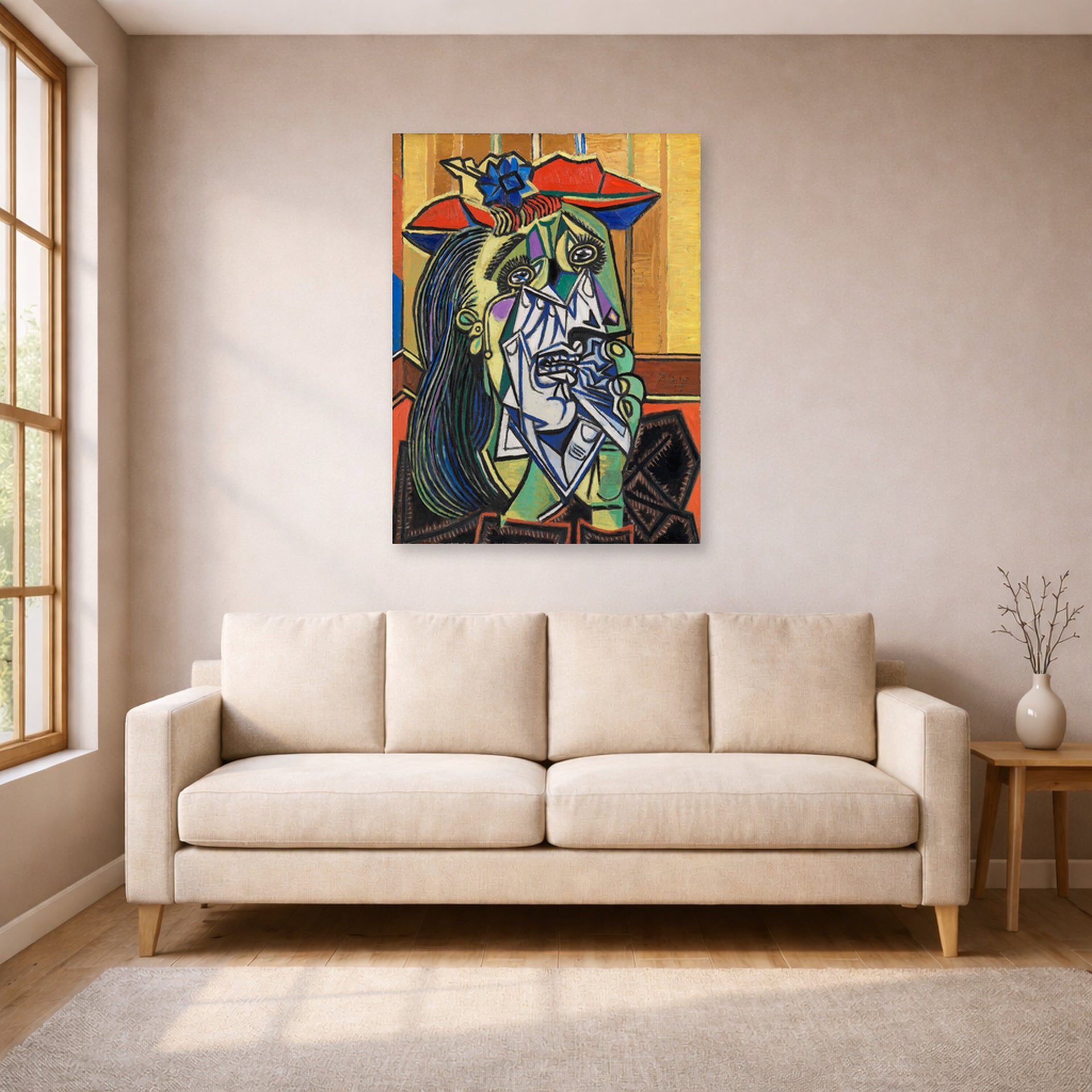 Unframed poster print of Pablo Picasso's 'Weeping Woman' displayed on a wall in a living room