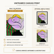 Pablo Picasso - Woman with Yellow Hair canvas print size comparison and framing display infographic
