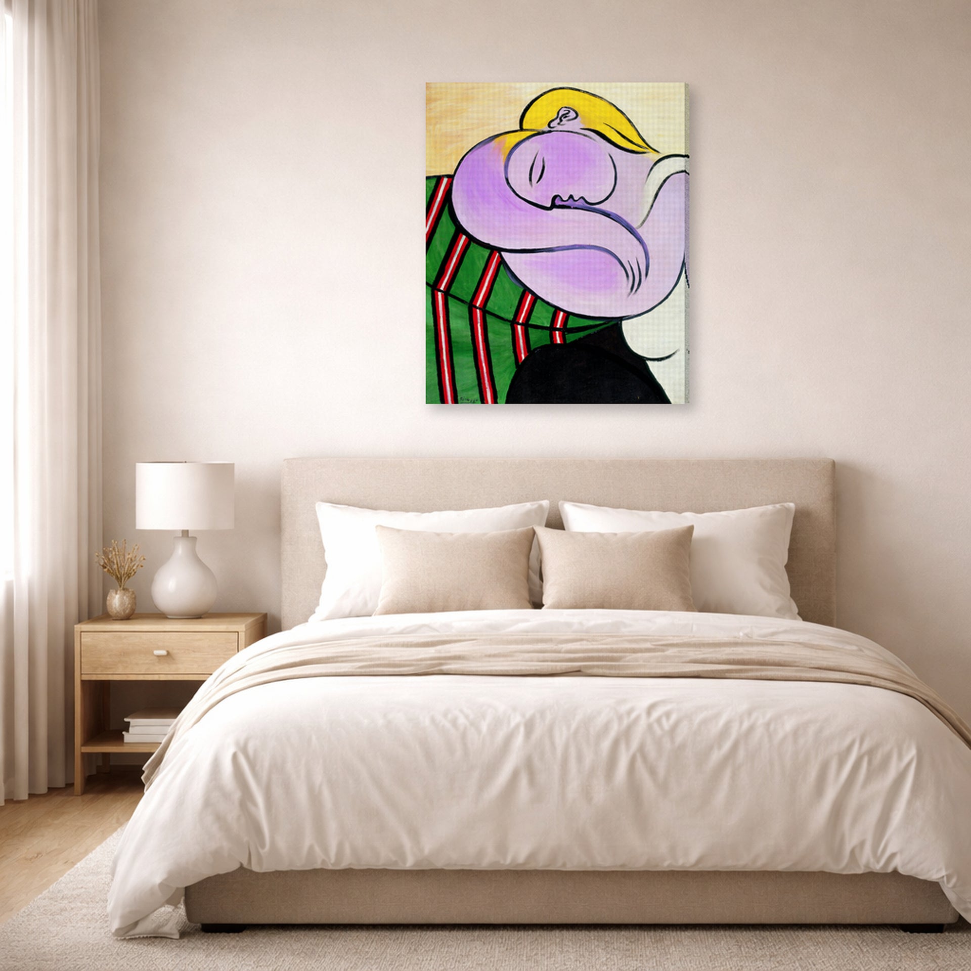 Gallery-wrapped canvas print of Pablo Picasso's 'Woman with Yellow Hair' displayed on a wall in a bedroom