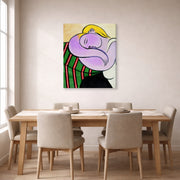Gallery-wrapped canvas print of Pablo Picasso's 'Woman with Yellow Hair' displayed on a wall in a dining room