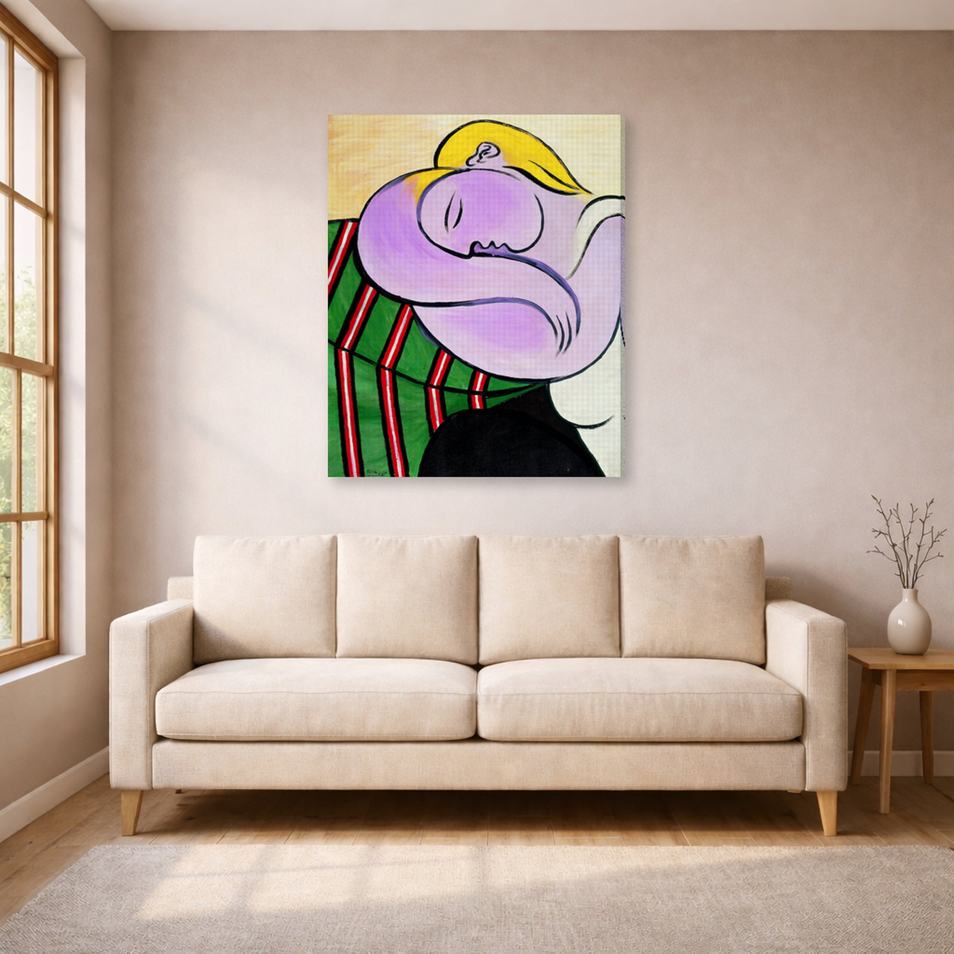 Gallery-wrapped canvas print of Pablo Picasso's 'Woman with Yellow Hair' displayed on a wall in a living room