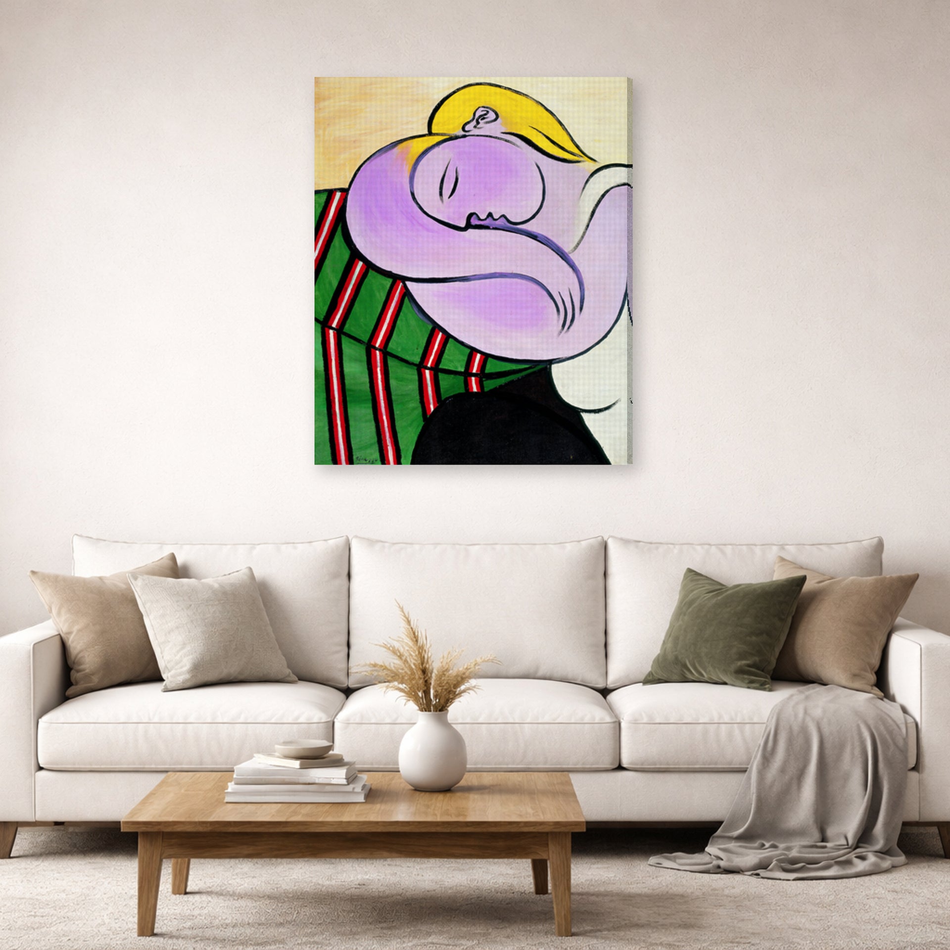 Gallery-wrapped canvas print of Pablo Picasso's 'Woman with Yellow Hair' displayed on a wall in a living room