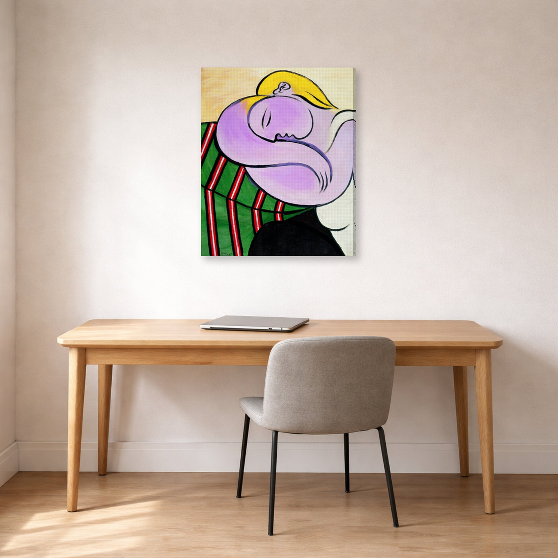 Gallery-wrapped canvas print of Pablo Picasso's 'Woman with Yellow Hair' displayed on a wall in a home office