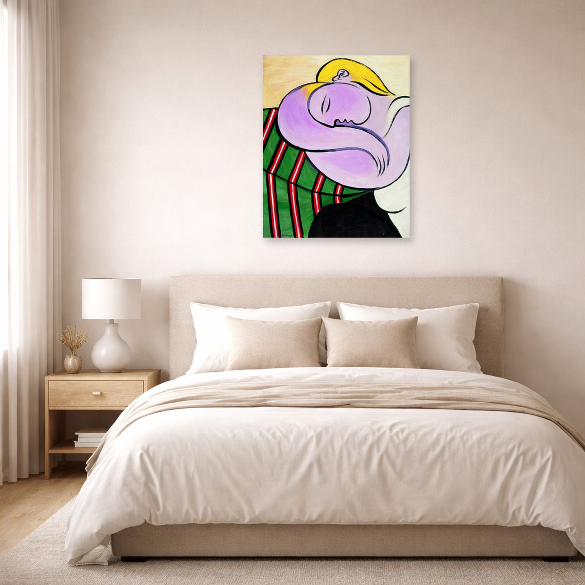 Unframed poster print of Pablo Picasso's 'Woman with Yellow Hair' displayed on a wall in a bedroom