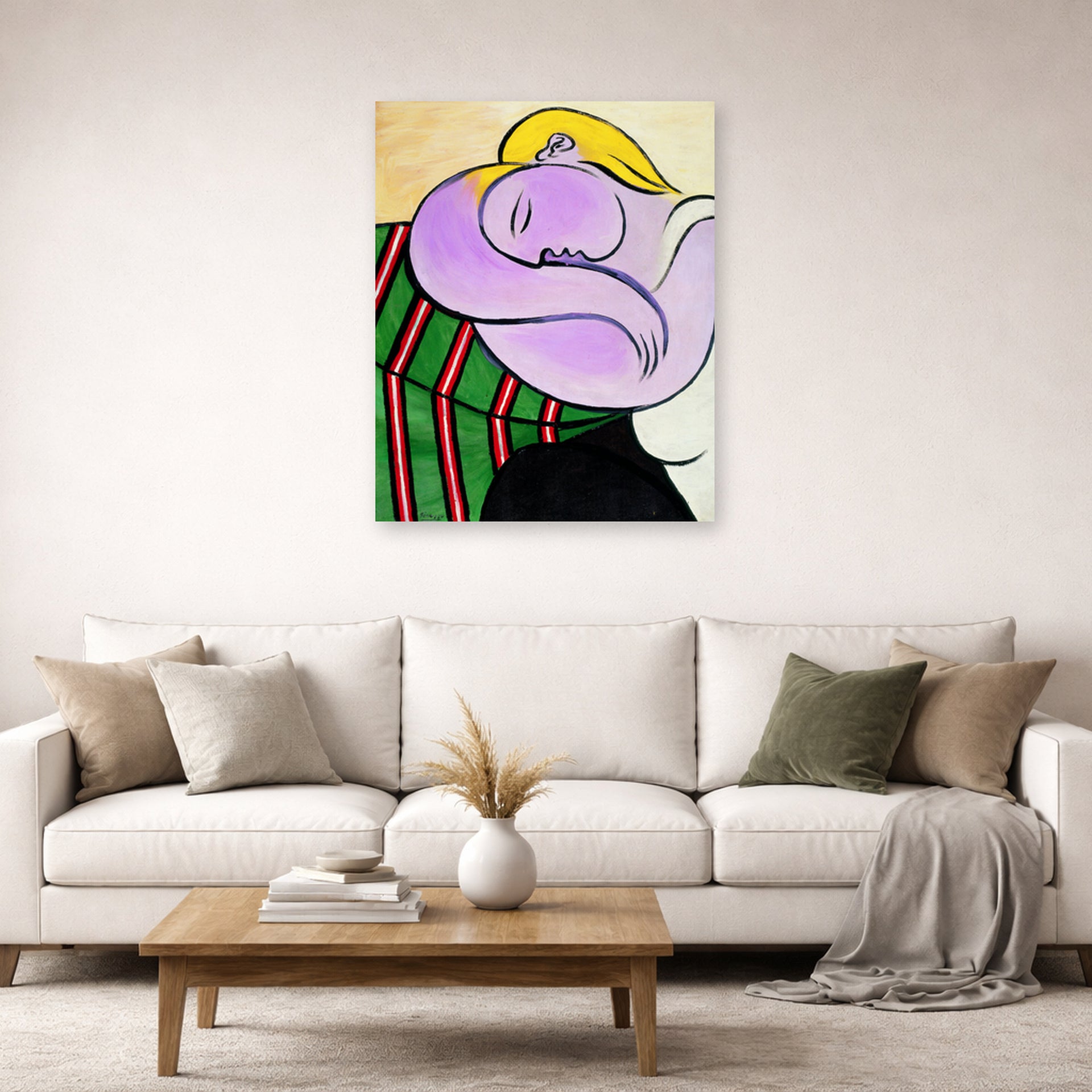 Unframed poster print of Pablo Picasso's 'Woman with Yellow Hair' displayed on a wall in a living room