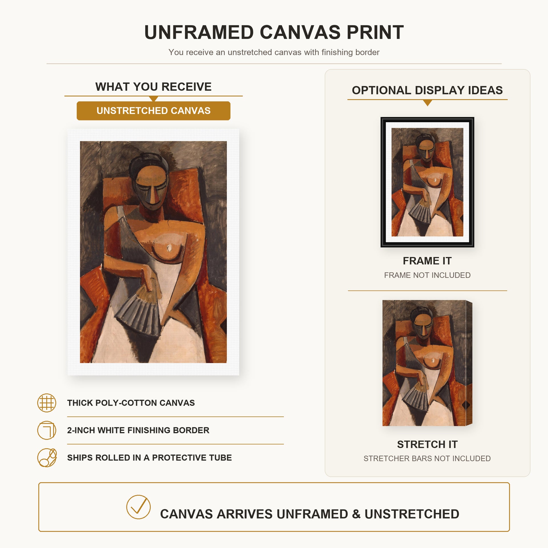 Pablo Picasso - Woman with a Fan canvas print size comparison and framing display infographic