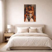 Gallery-wrapped canvas print of Pablo Picasso's 'Woman with a Fan' displayed on a wall in a bedroom