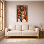 Unframed poster print of Pablo Picasso's 'Woman with a Fan' displayed on a wall in a living room