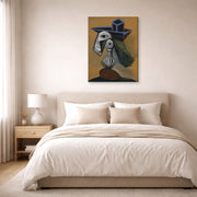 Gallery-wrapped canvas print of Pablo Picasso's 'Woman in a Blue Hat' displayed on a wall in a bedroom