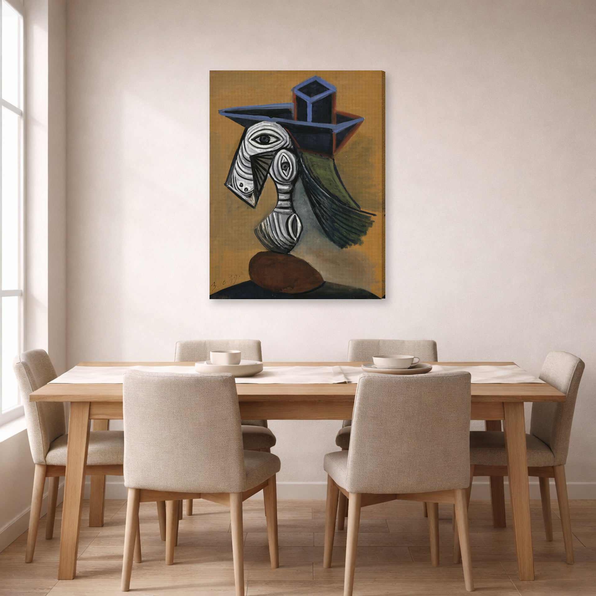 Gallery-wrapped canvas print of Pablo Picasso's 'Woman in a Blue Hat' displayed on a wall in a dining room