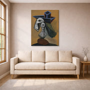 Gallery-wrapped canvas print of Pablo Picasso's 'Woman in a Blue Hat' displayed on a wall in a living room