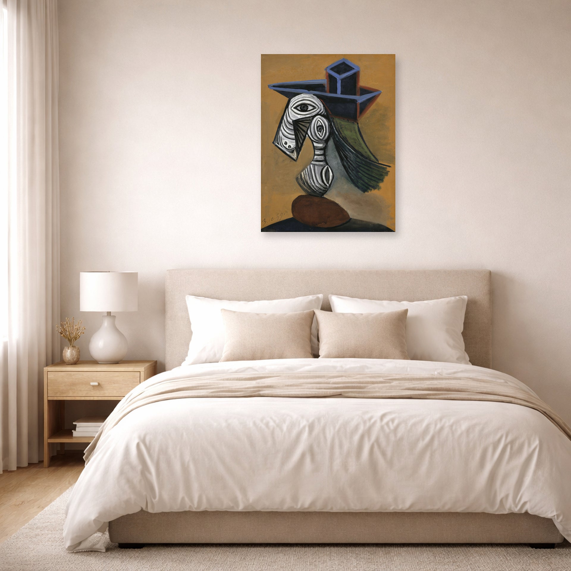 Unframed poster print of Pablo Picasso's 'Woman in a Blue Hat' displayed on a wall in a bedroom